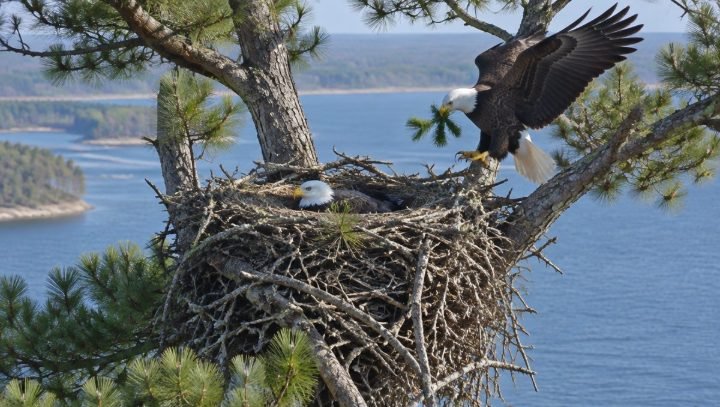 Two bald eagles at a large nest in a pine tree above a lake